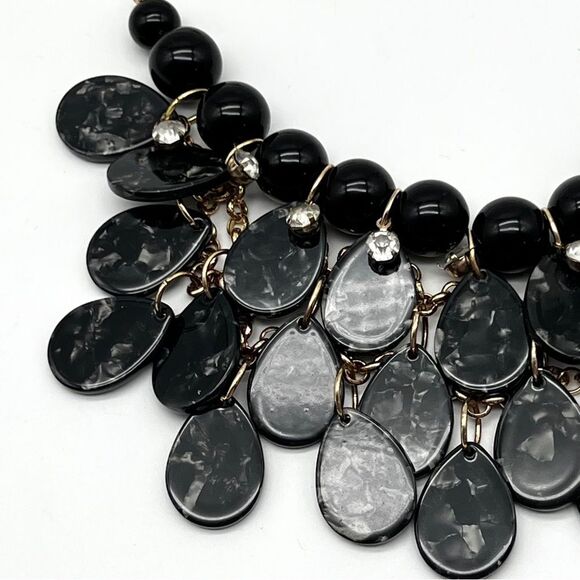 Black Marbled Acrylic Teardrop Rhinestone Bubble Bib Fashion Necklace 18” - Picture 3 of 6